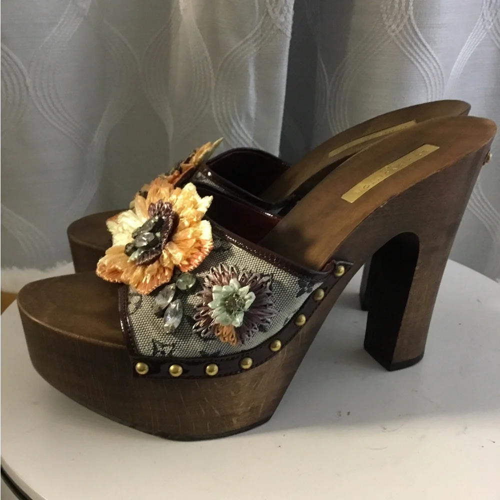 Louis Vuitton Monogram Brown and Cream Floral Platform Mules